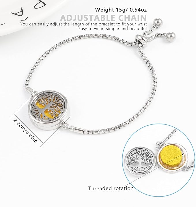 Essential Oil Diffuser Bracelet Aromatherapy Locket Adjustable Stainless Steel Tree of Life Bracelet with 10 Pcs Refill Pads for Women Girls