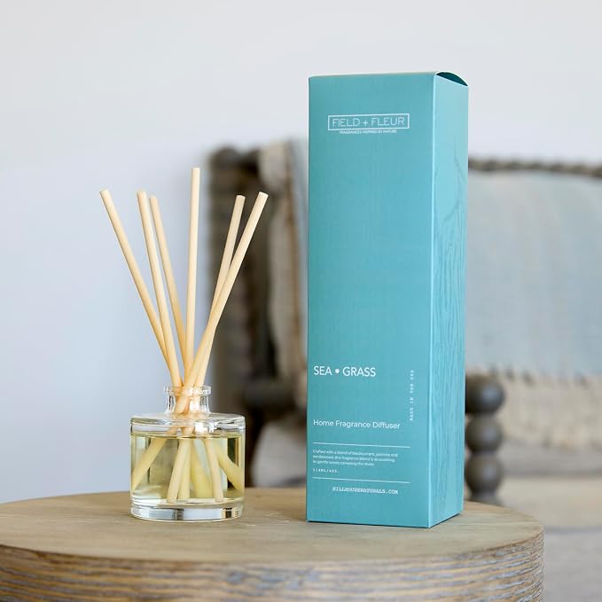 Field + Fleur - Reed Diffuser Set - Home Fragrance Diffuser - Refresh Home, Bedrooms, Bathrooms & More - Notes of Blackcurrant, Jasmine & Sandalwood - Made in the USA - Sea Grass Scent - 4 oz