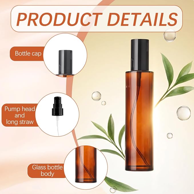 2 PCS 100/3.4oz Amber Glass Travel Bottles with Black Pump, Leakproof Lotion Dispenser for Essential Oil, Cream, Shampoo, Body Wash & Travel Toiletries (120ml)