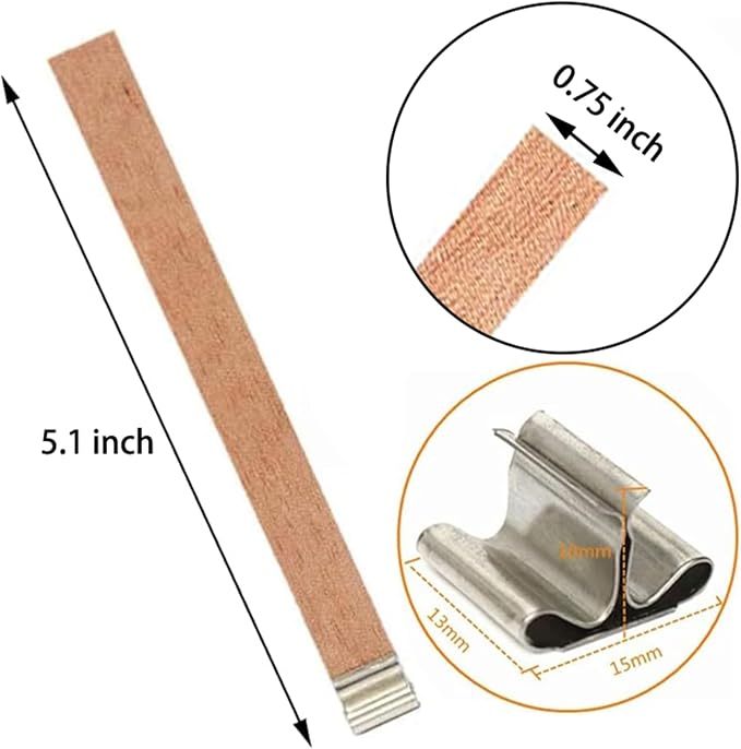 100 pcs Wooden Candle Wicks for Candle Making 0.75 * 5.1 inch Crackling Wood Wicks/Smokeless Candle Wick with Metal Base Clip 50 Sets