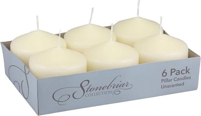 Stonebriar Unscented Pillar Candles – 18 Hour Burn Time, Long-Lasting Wax Candles for Weddings, Holidays, Home Décor & Special Events, Pack of 6, Ivory, 3" x 3"