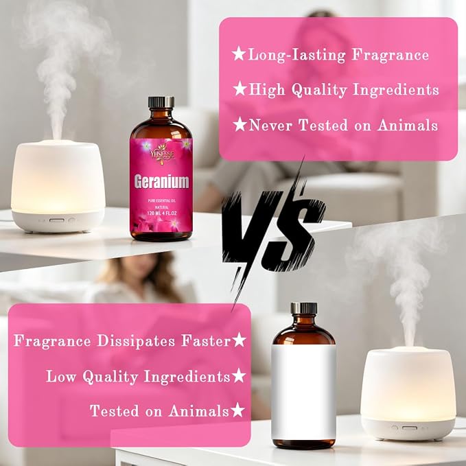 Geranium Essential Oil, Geranium Oil 4 Fl Oz 120ml for Diffuser Yoga Soap & Candle Making – with 0.33 Oz Roller Ball & Dropper YHSESSE Essential Oils