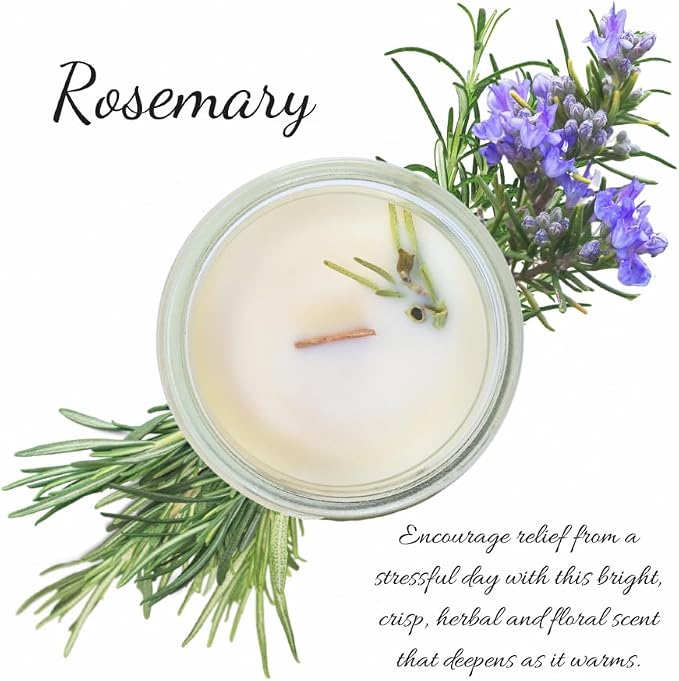 Rosemary Scented Essential Oil Candle 3 oz, Hand Crafted Pure Soy Wax Candle with Wooden Wick and Dried Flowers, 23 Hour Burn Time, Natural Aromatherapy Glass Jar Candle with Lid by Lathered Artisan