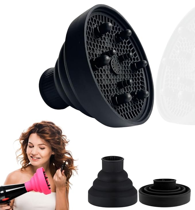 Silicone Hair Dryer Diffuser, Universal Collapsible Diffuser, Foldable Blow Dryer Diffuser for Curly Hair, Portable Hair Diffuser Styling Tool for Frizz-Free Curls & Waves (Black)