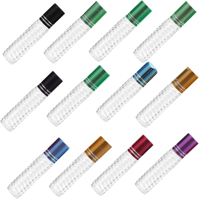 Housoutil 12pcs 5ml Glass Roll on Bottles Refillable Essential Oil Bottles with Caps Portable Mini Kit for Travel and Aromatherapy Use Random Color