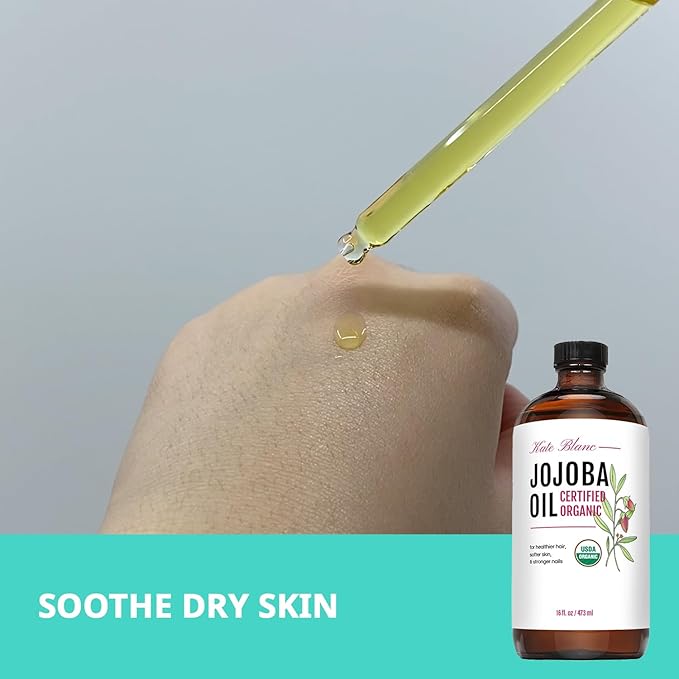 Kate Blanc Cosmetics Jojoba Oil for Hair, Face & Skin. Gua Sha Oil for Face Massage & Dermaplaning (16oz, Organic, 100% Pure, Natural)
