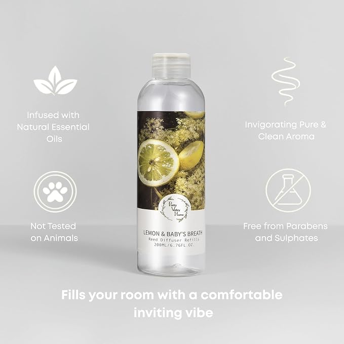 Reed Diffuser Refill/Lemon and Baby's Breath 200ml (6.76 fl.oz), Reed Diffuser Oil Home Fragrance for Bathroom, Bedroom, Office Decor