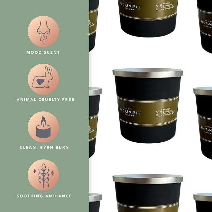 Pecksniffs Black Tall Bamboo and Vetiver Scented Candle | 3 Wicks, 283g/9.9oz
