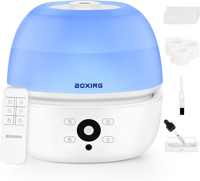 BOXING Top Fill Humidifiers for Bedroom Baby with Easy Remote, 20dB Quiet Cool Mist Air Humidifier for Large Room Home & Indoor Plants, 7 Color Night Light, Essential Oil Tray, Timer, Sleep Mode,3L