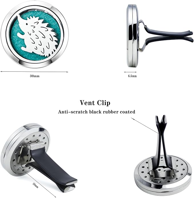 Hedgehog Car Diffuser Refill Oils Set,30mm Stainless Steel Vent Clip,10 Felt Pads Essential Oil Car Air Freshener for Long Lasting Fragrance