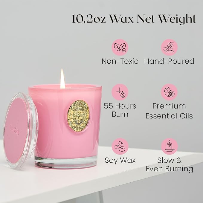 M&SENSE Peony Blush Scented Candle | 9.2 oz Soy Wax Pink Candle, Non-Toxic Aromatherapy Candle for Stress Relief & Home Spa