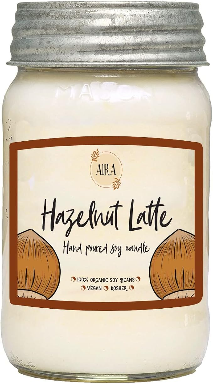 Aira Soy Candles - Organic, Kosher, Vegan, in Mason Jar w/Therapeutic Grade Essential Oil Blends - Hand-Poured 100% Soy Candle Wax - Paraffin Free, Burns 110+ Hours - Hazelnut Latte -16 Ounces