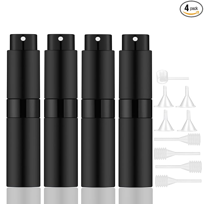 Lil Ray 8ml Portable Mini Perfume Atomizer(4 PCS)，Refilable Empty Small Spray Bottle for Travel, Twist Type Pocket Cologne Sprayer (Matte Black)