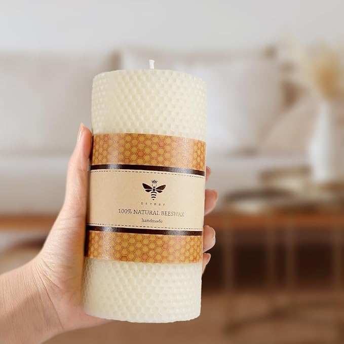 DEYBBY Natural White 3×6 in Beeswax Pillar Candle - Handmade Pure Organic Beeswax Honeycomb Rolled Candle for Home Study Decor Housewarming Gift