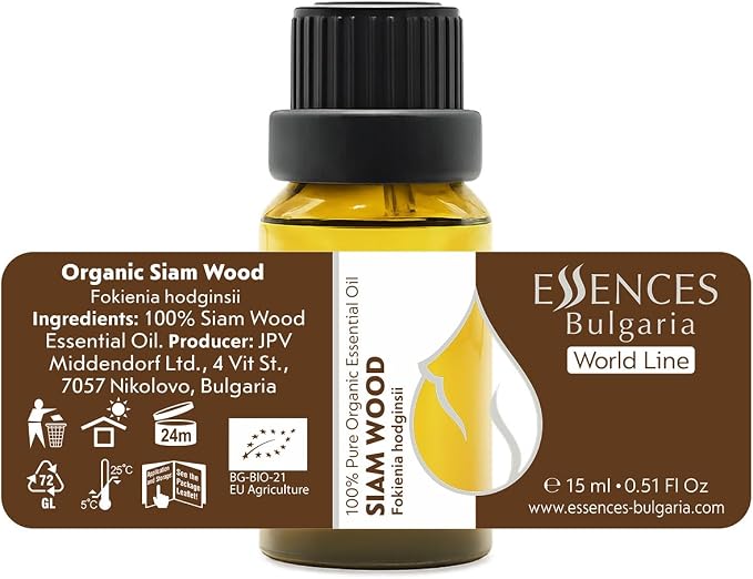 Essences Bulgaria Organic Siam Wood Essential Oil 15ml (0.51 Fl Oz) | Fokienia hodginsii | 100% Pure, Natural, Undiluted | Aromatherapy, Cosmetics | Vegan, Non-GMO, Cruelty-Free
