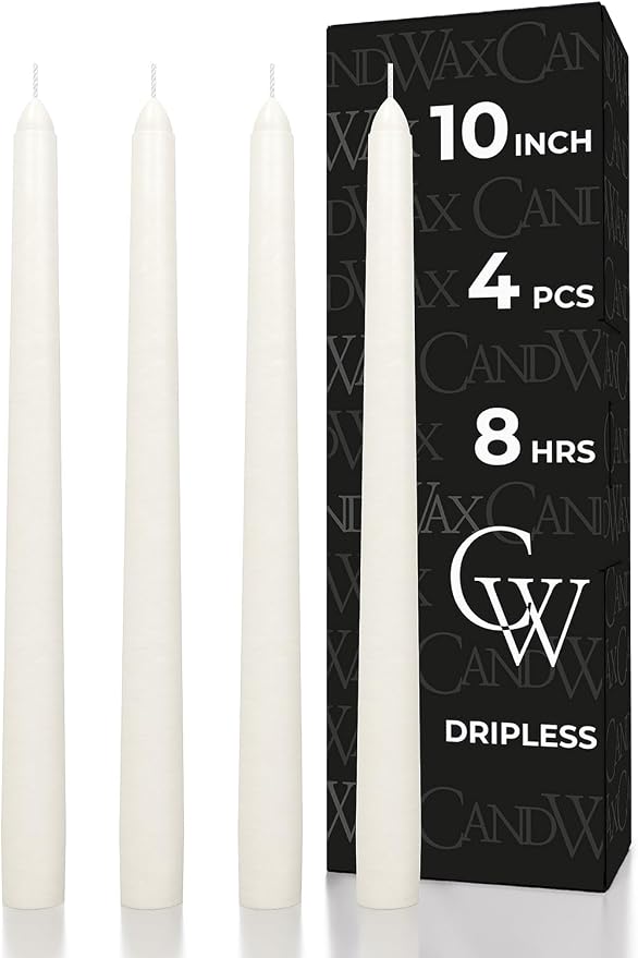 CANDWAX Ivory Taper Candles 10 inch Dripless - Set of 4 Tapered Candles - Smokeless and Unscented Taper Candlesticks Long Burning - Hand Poured Tall Candle Sticks