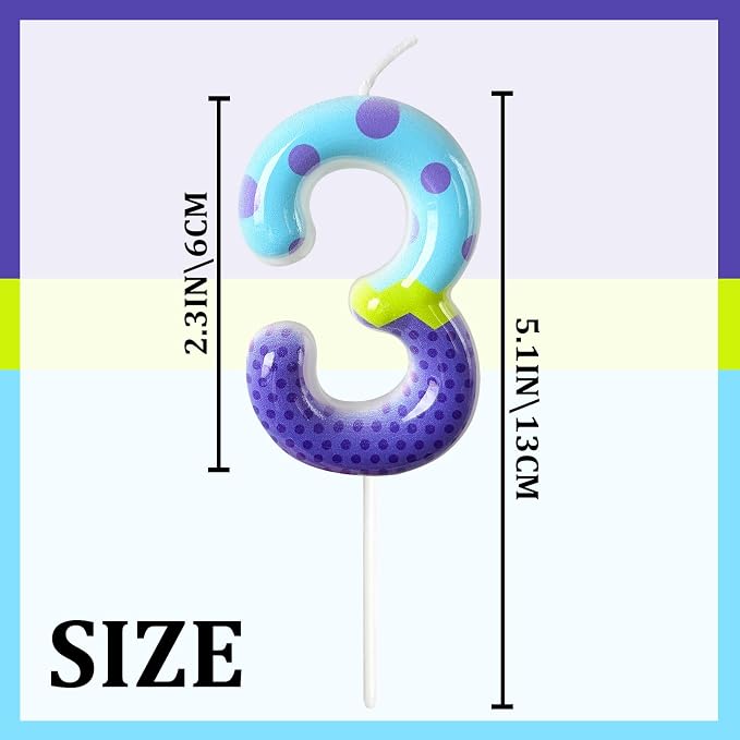 Number 3 Birthday Candle for Cake – Colorful Polka Dot & Patchwork Design – Fun Cake Topper Decoration for Birthday Celebration