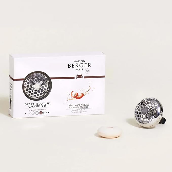 MAISON BERGER Car Diffuser Set, Exquisite Sparkle | Grapefruit Rose Musk Notes, Refillable Vent Clip with Ceramic Refill, Passive 4-Week Diffusion, Made in France