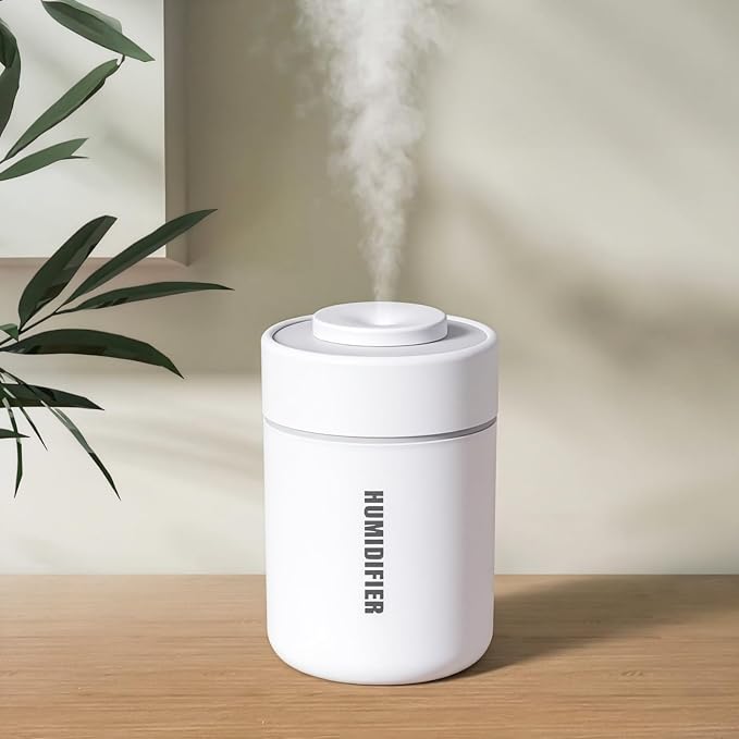 Small Mini Humidifier, USB Desk Cool Mist Humidifier Personal Portable Quiet Table Desktop Humidifiers for Cooling Home Office Car Summer Travel (180ml, White Grey)