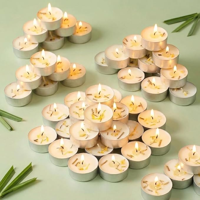 Citronella Scented Tealight Candles Outdoor, 64 Pack - 4-Hour White Tea Lights, 100% Natural Palm Wax Tea Lights Candle, Paraffin-Free, Scented Votive Candles for Indoor/Outdoor Use