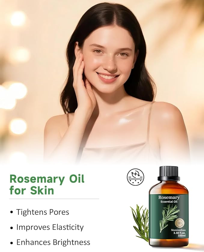 Rosemary Essential Oil, Mumianhua Pure Steam‑Distilled Oil for Scalp Revitalization & Hair Strength, Natural Focus for Diffuser, DIY Cleaning, Skin Care – 3.38 Fl Oz