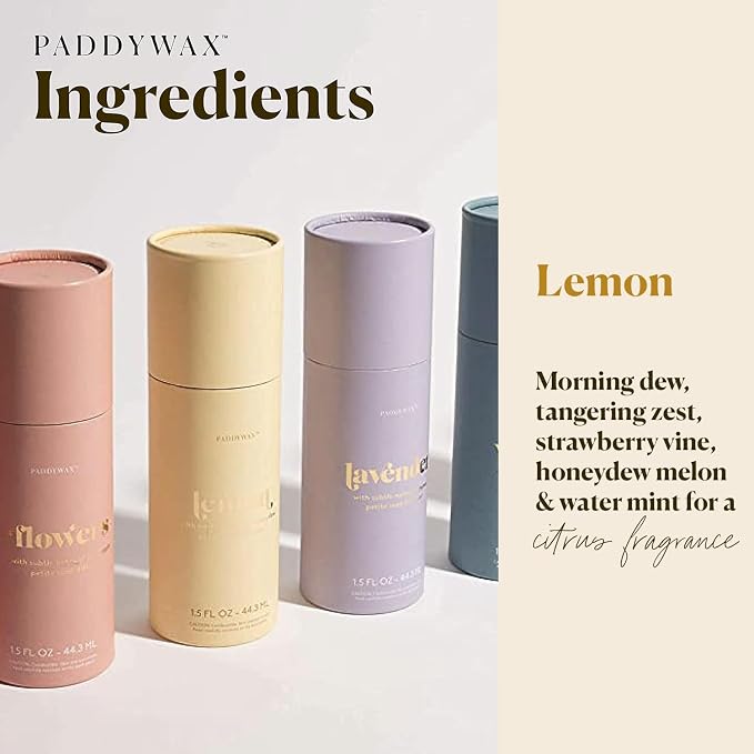 Paddywax Petite Reed Diffuser Set with Wooden Reeds, 720 Hour Long Lasting Home Fragrance Oil Diffuser, Decorative Milky Glass Bottle, Meyer Lemon Scent, Yellow, 1.5 oz