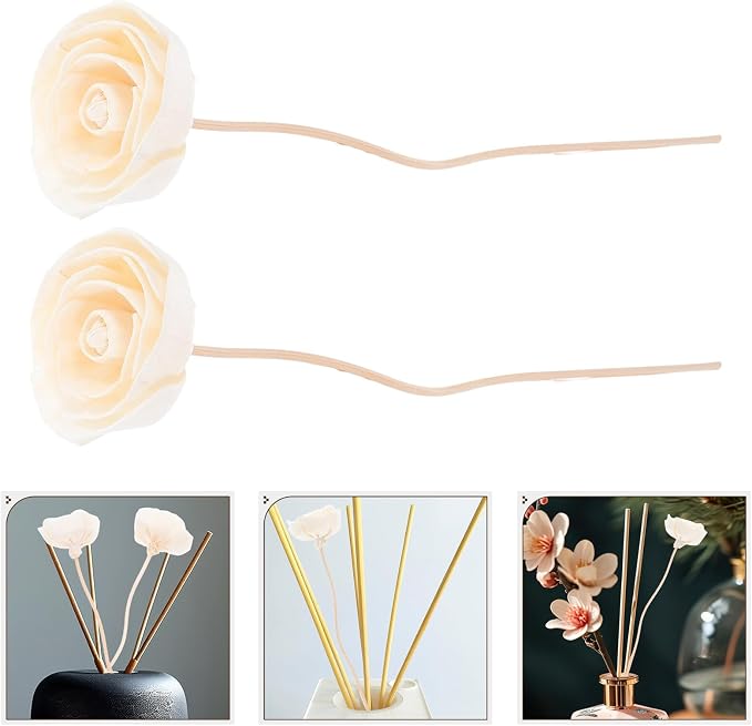 DECHOUS 2pcs Flower Rattan Reed Diffuser Set with Floral Scented Wood Flowers Home Fragrance Refill for Living Room Decor