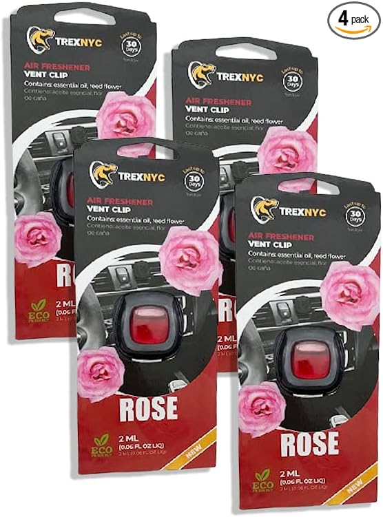 Air Fresheners Vent Clips, Essential Car Odor Eliminator, Perfect Scented Car Accessories, For Long Lasting Fragrance up to 30 days, 0.07 FL.OZ (Rose, 4 Packs)