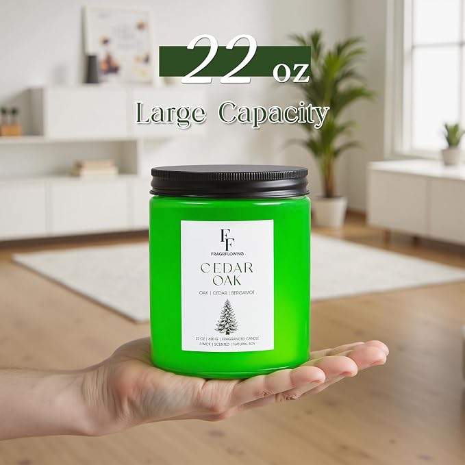 Cedar Oak Large Candle, 3-Wick 22oz Long Lasting Scented Candle | Natural Soy Wax, Aromatherapy Candle for Home, Candle Gifts for Women Men