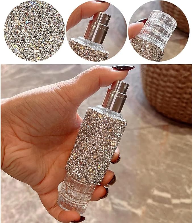 Luxury Rhinestone 30ML Refillable Perfume Bottle – High-End Portable Large Capacity Glass Spray Bottle with Aluminum Atomizer (Silver)