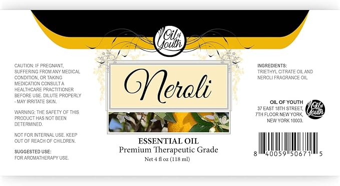 Oil of Youth Neroli Essential Oil Therapeutic Grade 4 fl oz with Dropper for Aromatherapy, Diffuser, Massage, Perfume, and Relaxation