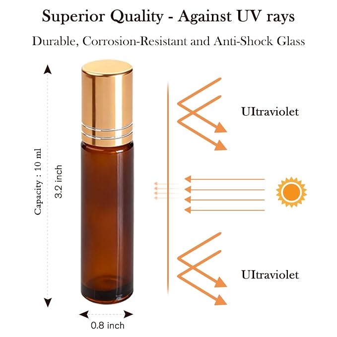 PrettyCare Set of 120, Bulk 10 ml Essential Oil Roller Bottles with Stainless Steel Roller Ball - Refillable Leak-proof Empty Thick Amber Glass Roll on Bottles with Golden Caps for Travel, Perfume
