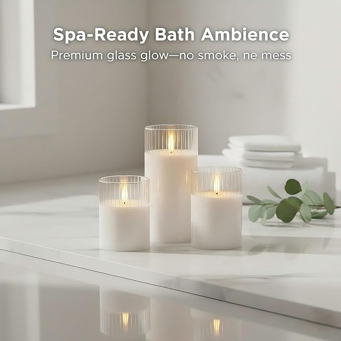 ANGELLOONG White Flameless Candles with Timer, Glass LED Pillar Candle with Remote, Set of 3 Battery Operated Candles for Bathtub Bathroom Coffee Table Decor