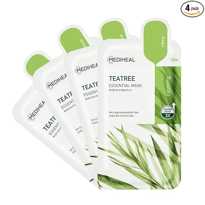 Mediheal Official Best Korean Sheet Mask - Tea Tree Essential Face Mask 4 Sheets Skin Soothing Treat Blemishes Sebum Control For All Skin Types