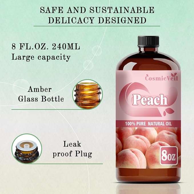 Peach Essential Oil Peach Oil for Aroma Diffuser,Humidifier,Home Fragrance,Cleaning,Body Care,Massage,Yoga,DIY Candle,DIY Soap CosmicVeil（Peach，8 Fl Oz (Pack of 1)）