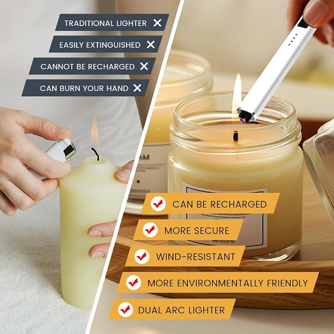 Dual Arc Windproof Flameless Long Candle Lighter Type-C USB Rechargeable Lighter for Candles, BBQ and Fireworks