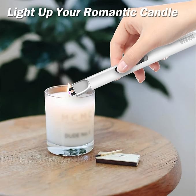 Electric USB Rechargeable Arc Plasma Electronic Windproof Flameless Long Lighter with Safety Switch Hook - White & Silver