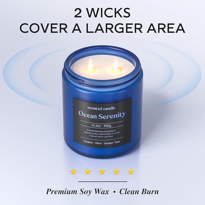 CHILLFLAME Scented Candles, 14.1 oz Scented Candles for Home, 2 Wicks Blended Scents Aromatherapy Candles for Women and Men, Birthday Gifts for Women (Ocean+Mint+Green Tea)