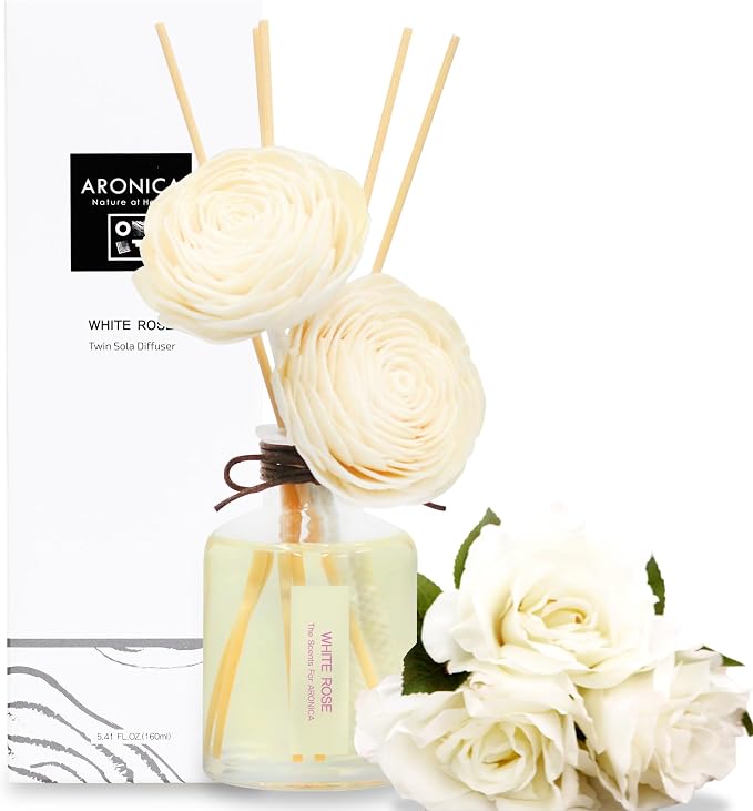 Aronica Twin Sola Diffuser - White Rose Fragrance, 160ml / 5.41 Floz, Colorful Bathroom Decor Airfreshener, Rose Reed Diffuser, Shelving Décor