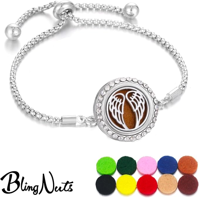 Angel Wing Essential Oil Diffuser Bracelet for Women Stainless Steel CZ Aromatherapy Locket Scent Bracelet with 10 Refill Pads