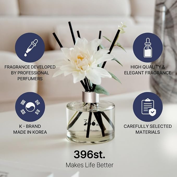 396 st. Dahlia Flower Reed Diffuser, Baby Powder, 200ml(6.7oz) / Reed Diffuser Sets, Home Fragrance, Scented Oils, Home & Bathroom Décor