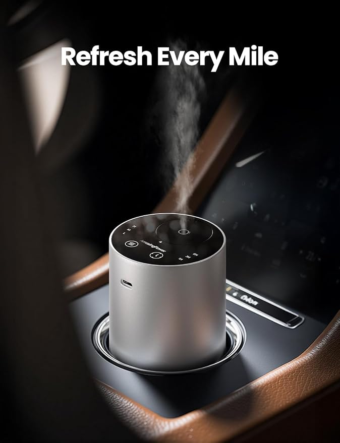 Waterless Essential Oil Diffuser, Rechargeable Scent Diffusers with 3 Mist Levels & Timers, Portable Aromatherapy Diffuser for Home Car Room Studio Office, Silver Metal