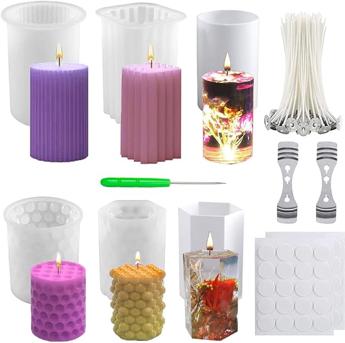 6Pcs Silicone Candle Molds Set for Candle Making, Bubble Pillar Candle Mold, 3D Hexagonal Cylinder Candle Mold, Silicone Mold for Soy Wax, Soap, DIY Scented Candle