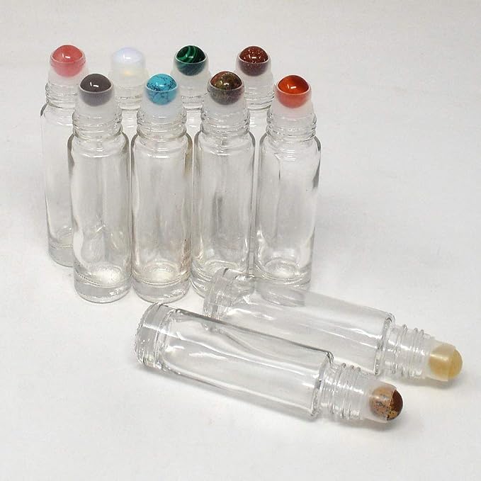 fengshuisale 10pcs Clear 10ml Empty Refillable Glass Bottles with Crystal Semiprecious Stones Essential Oil Gemstone Roller Ball Bottles with Silver Lid with Free Bag W3900 (Multi-2)
