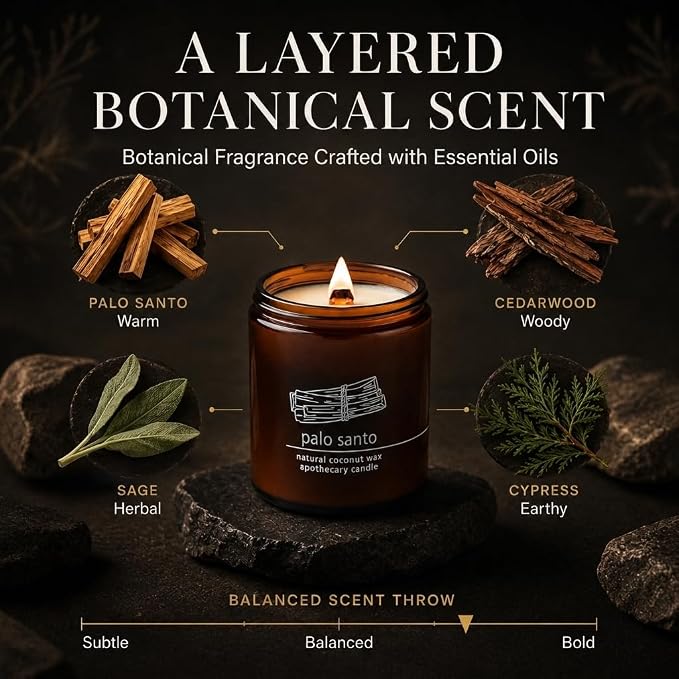 Hemlock Park Palo Santo Apothecary Scented Candle | Crackling Wood Wick, Botanical Fragrance & Coconut Apricot Wax | Up to 60 Hour Burn Time | 8 oz | Made in USA