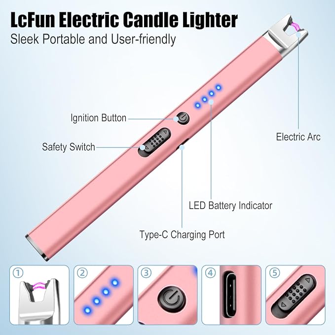 LcFun Candle Lighter Electric USB Rechargeable Plasma Arc Lighter with Safety Lock, Windproof Flameless Long Lighters for Candle, Grill, BBQ, Camping, Gas Stoves