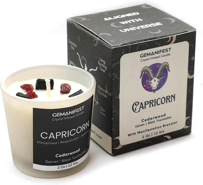 Capricorn Zodiac Candle Astrology Gifts for Women and Men with Capricorn Bracelet Cedarwood Candle with Healing Crystals Birthday Birthstone Manifestation Gifts