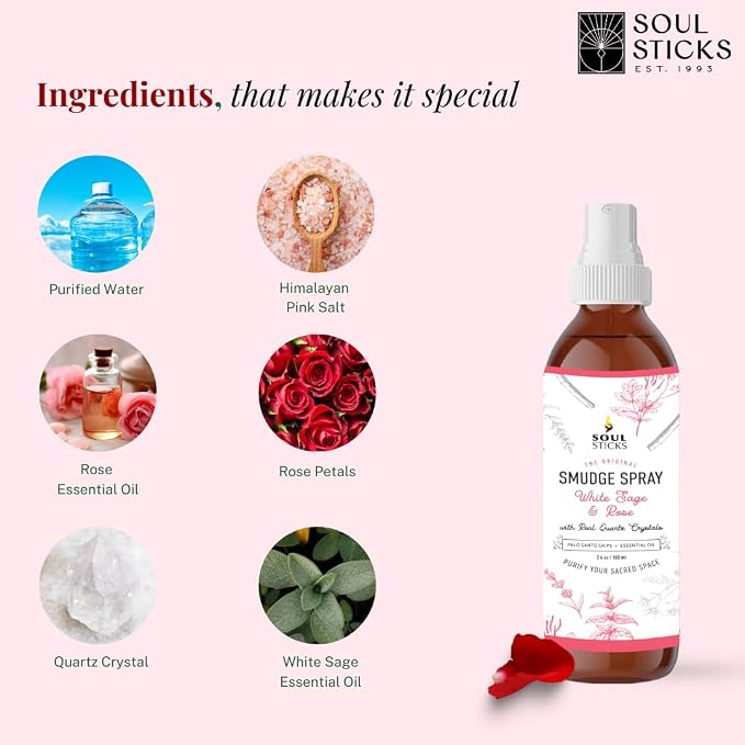 SOUL STICKS White Sage & Rose Smudge Spray For Cleansing and Negative Energy | 3.5oz Sage Smudge Spray with Real Quartz Crystals | Car Air Freshner Fragrance Sage Room Spray for Spiritual Cleansing