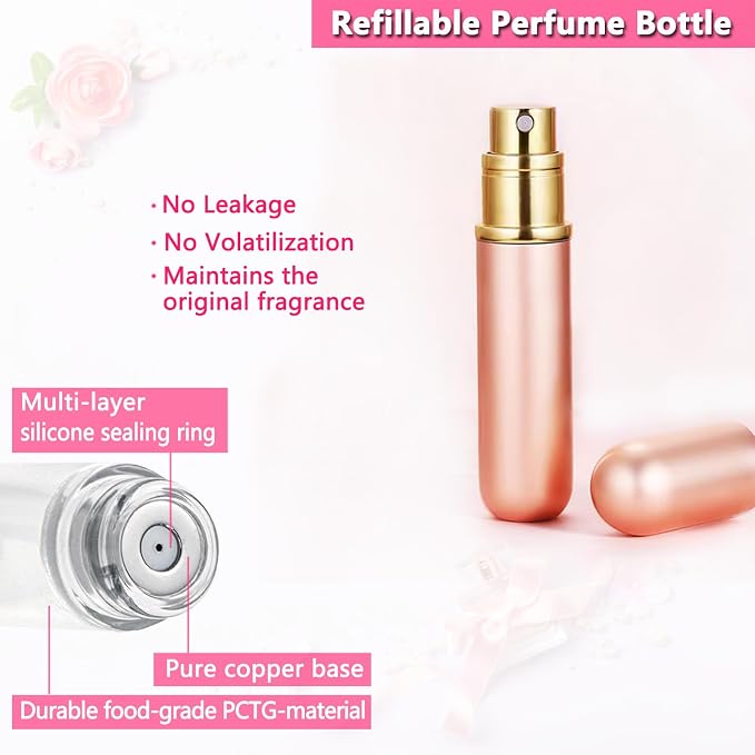 Travel Perfume Bottle Refillable Atomizer, 5ML Perfume Atomiser, Leakproof Portable Perfume Sprayer (Rose Gold)