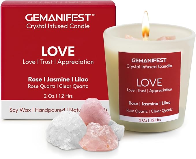 Love Manifestation Crystal Candle, Love Relationships Rose Jasmine Lilac Scented, Soy Candle, Valentine's Gift for Her/Him, Women's Wellness